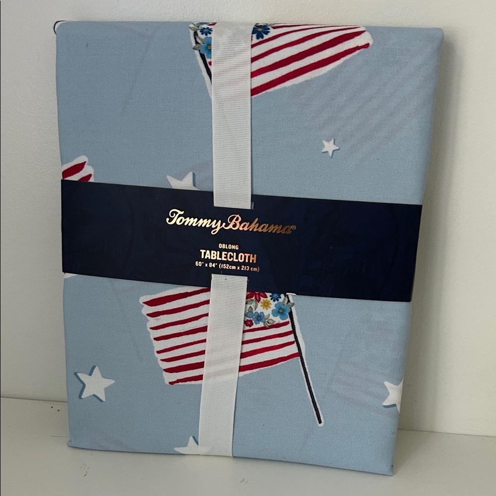 Tommy Bahama Light Blue Patriotic Flag Tablecloth 60 X 84 IN Oblong